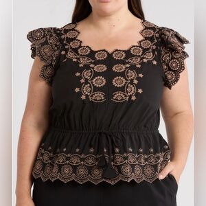 DEMOCRACY EMBROIDERED EYELET FLUTTER SLEEVE PEPLUM TOP PLUS BLACK/KHAKI SIZE 1X*